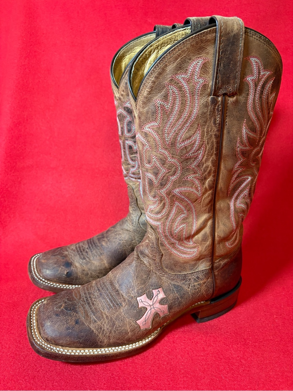 Tony Lama Lashka Tan Goat Leather Western Boots Pink Cross Square Toe 7B
